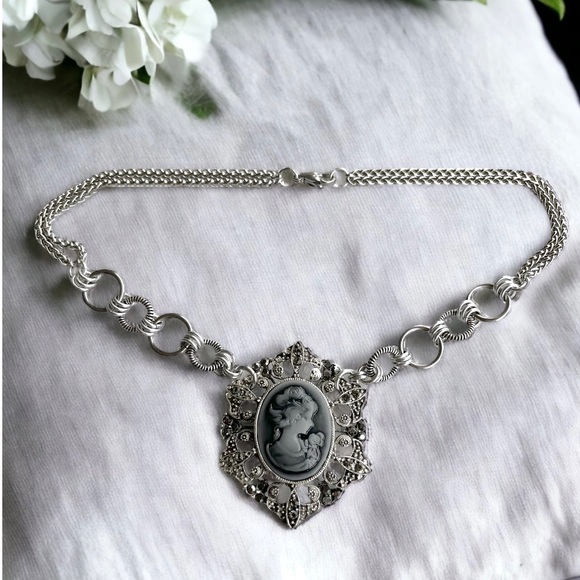 Stainless steel necklace double wheat chain blue grey cameo - Picture 9 of 11